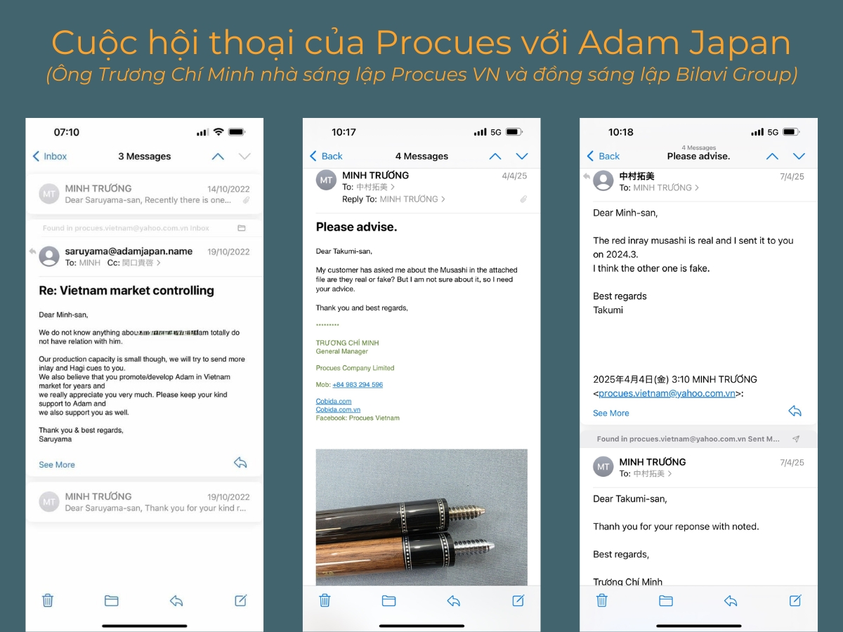 Gốc cảnh báo: Cơ bida Musashi fake đang tràn về Việt Nam hội thoại của Procues với Adam